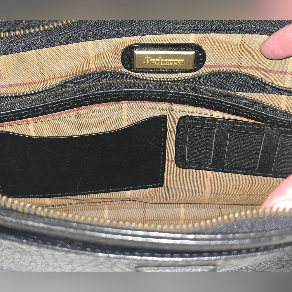 Vintage Burberry Black Pebbled Leather Zip Organizer Wristlet Nova Check - Picture 8 of 13